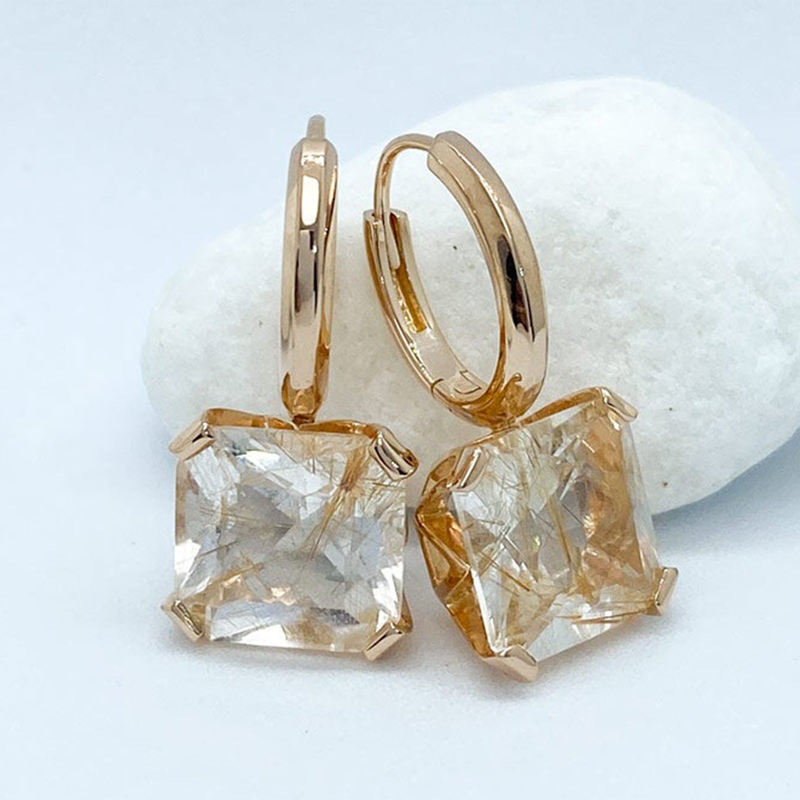 Asscher Cut Golden Rutilated Quartz Plated Rose Gold Silver Earrings |  Stargaze Collection