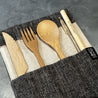 Photo of a Sarita Bamboo flatware set with jute and cotton case