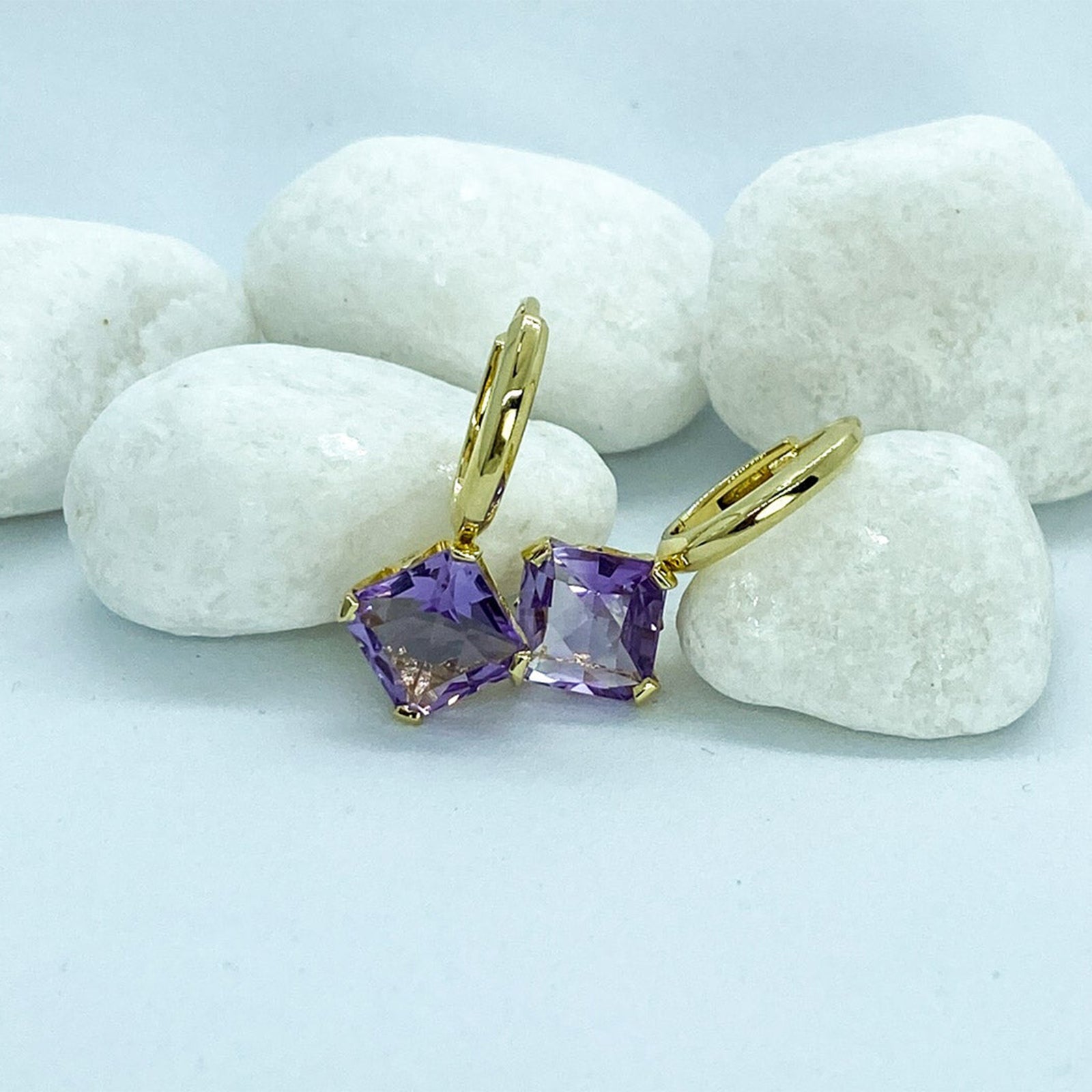 Amethyst 8mm Square Earrings in Yellow Gold