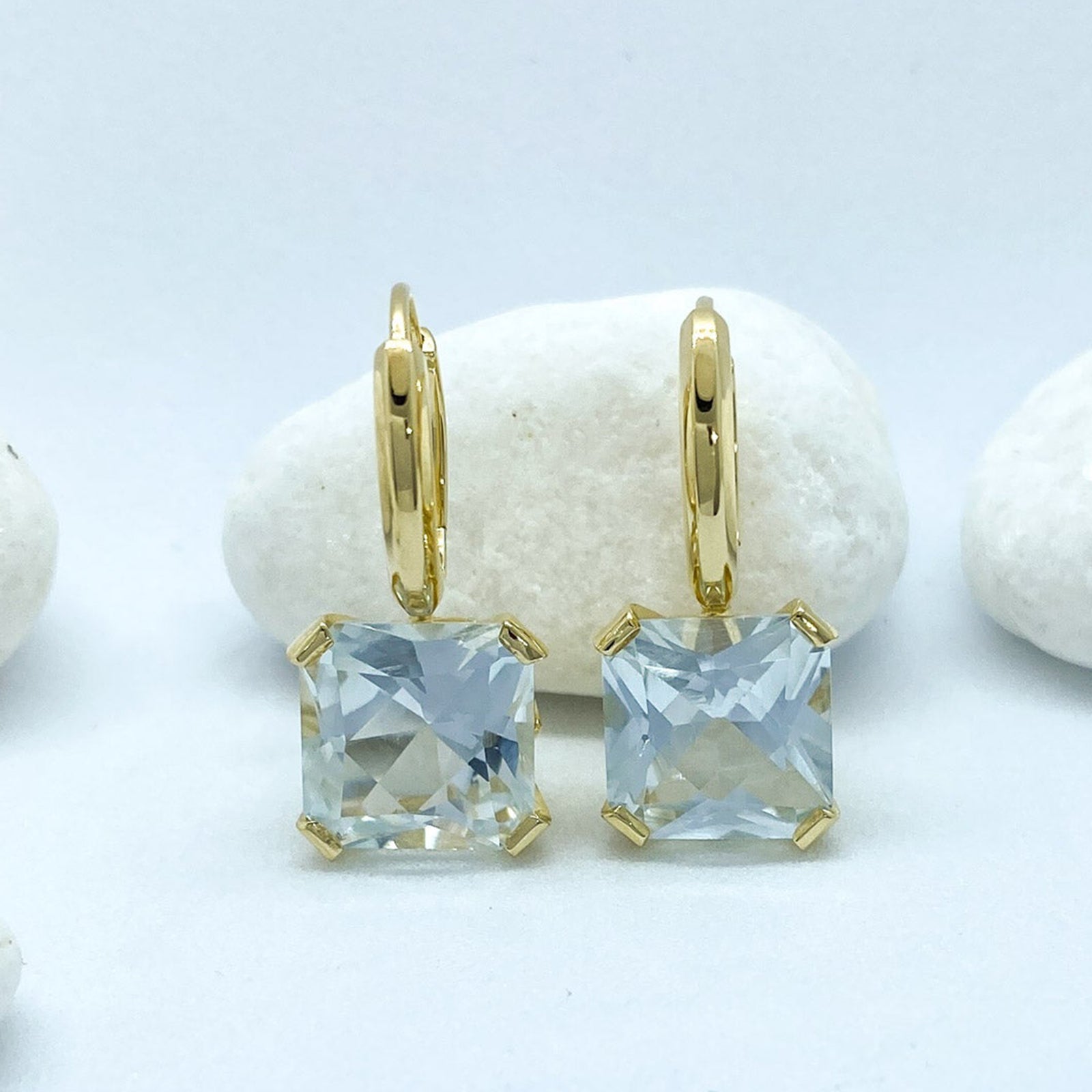 Asscher Cut White Topaz Plated Yellow Gold Silver Earrings | Stargaze Collection