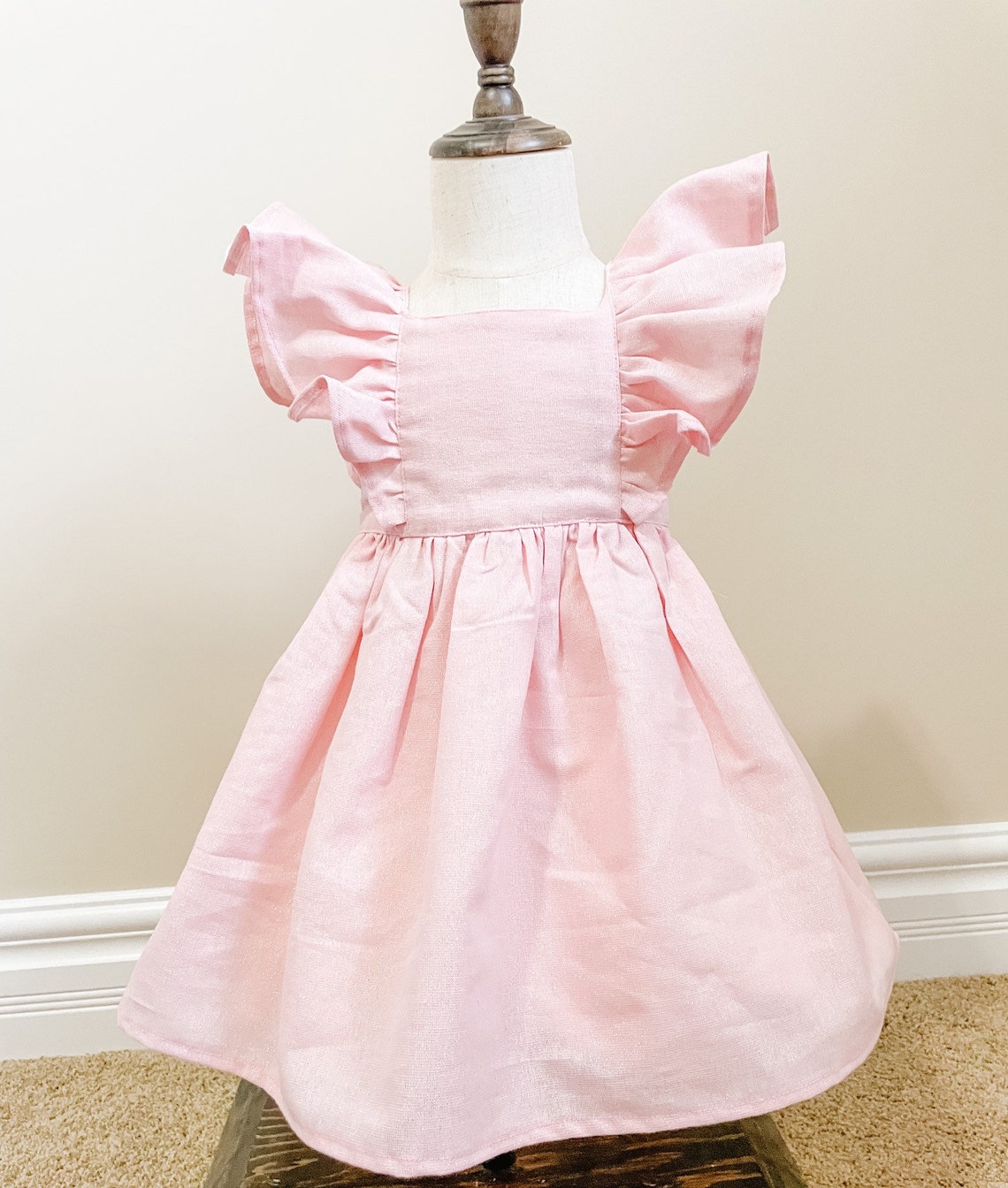 Pinafore Linen Girl's Dress with a Bow. Made in Canada by Oakley Rae Handmade