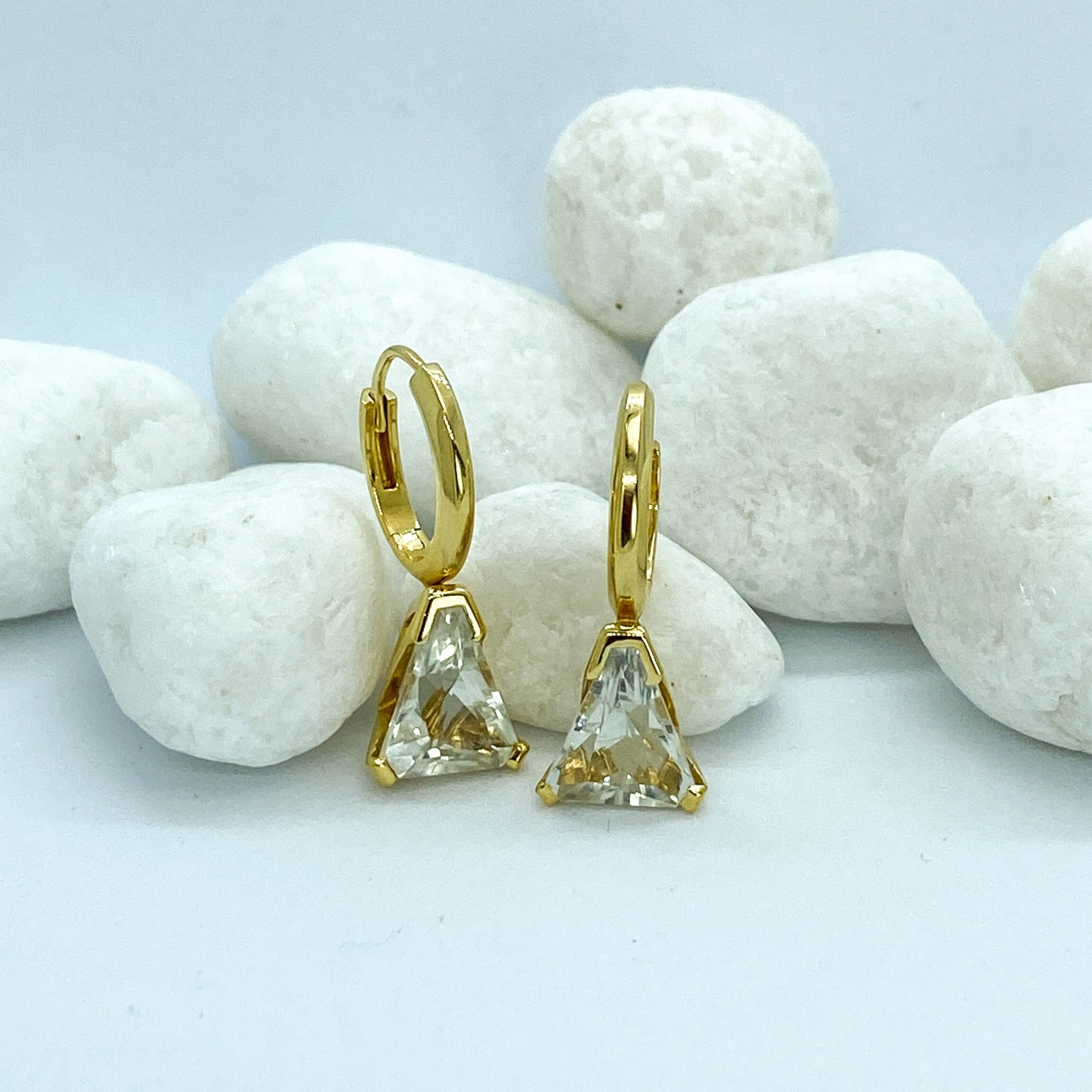 White Topaz Trillion Cut Earrings in Plated Yellow Gold Silver | Stargaze Earrings
