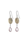 White Coin Pearl, Pink Quartz Long Dangle Earrings