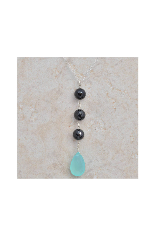 Blue Chalcedony, Black Spinel Gemstone Long Silver Pendant