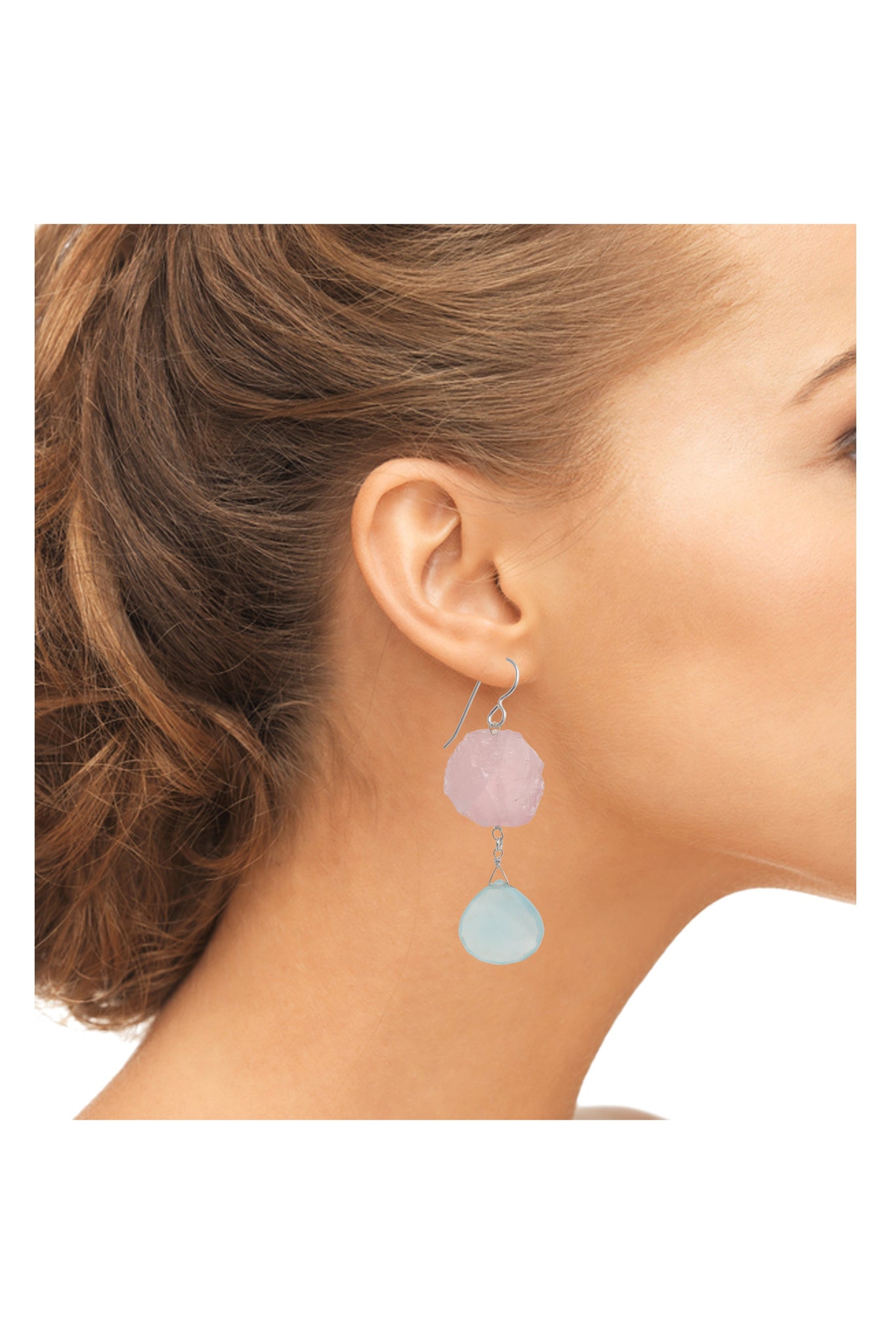 Blue Chalcedony, Rose Quartz Gemstone Large Earrings