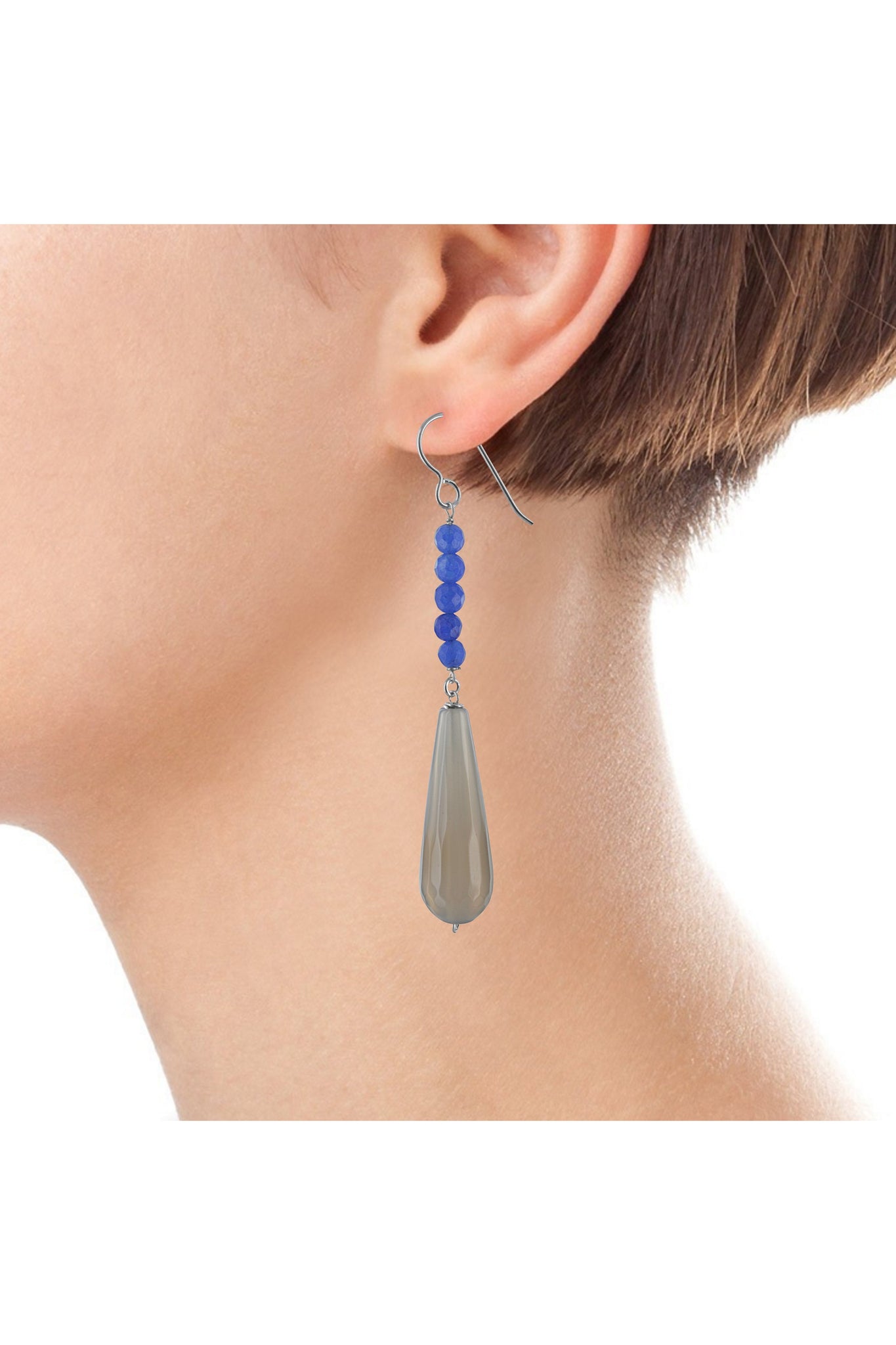 Gray Smokey Agate, Navy Blue Jade Long Earrings