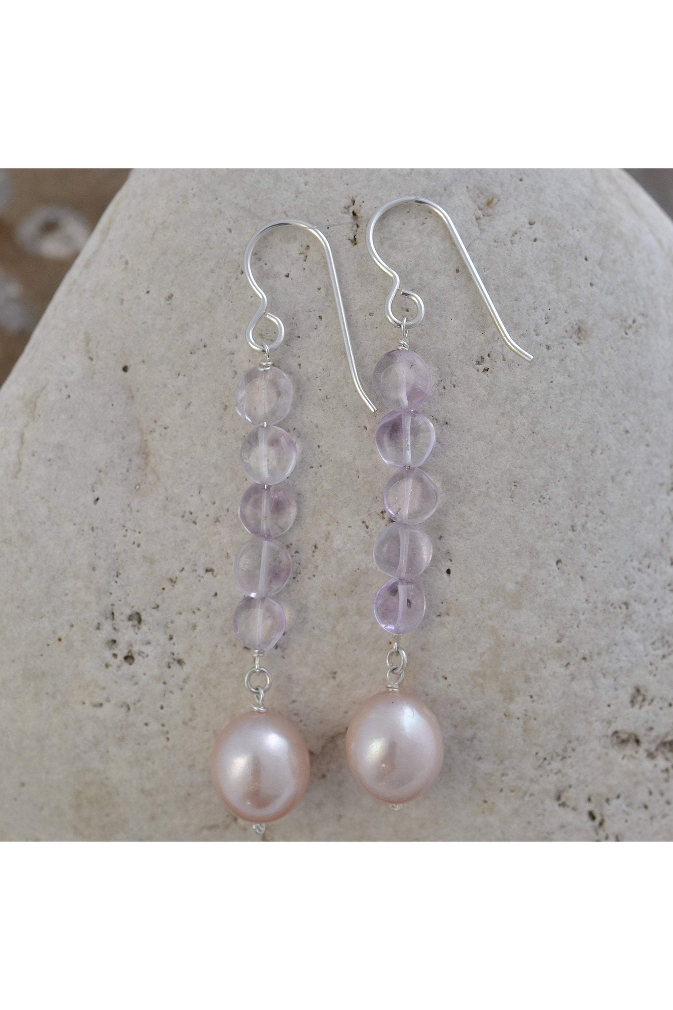 Long Pearl Earrings, Pink Amethyst Gems Silver