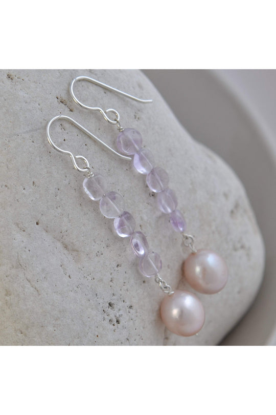 Long Pearl Earrings, Pink Amethyst Gems Silver