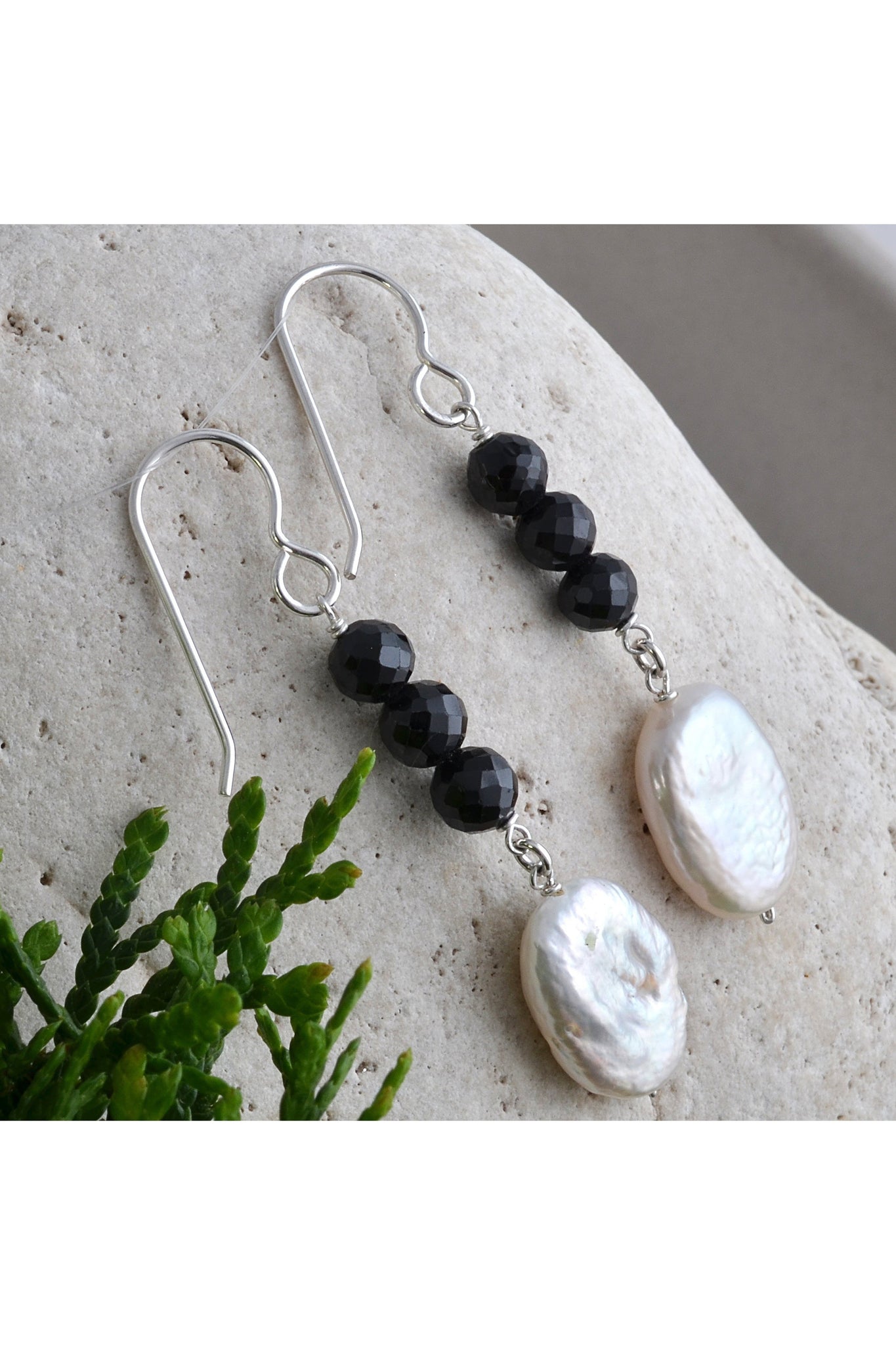 Black Onyx, White Pearl Dangle Earrings