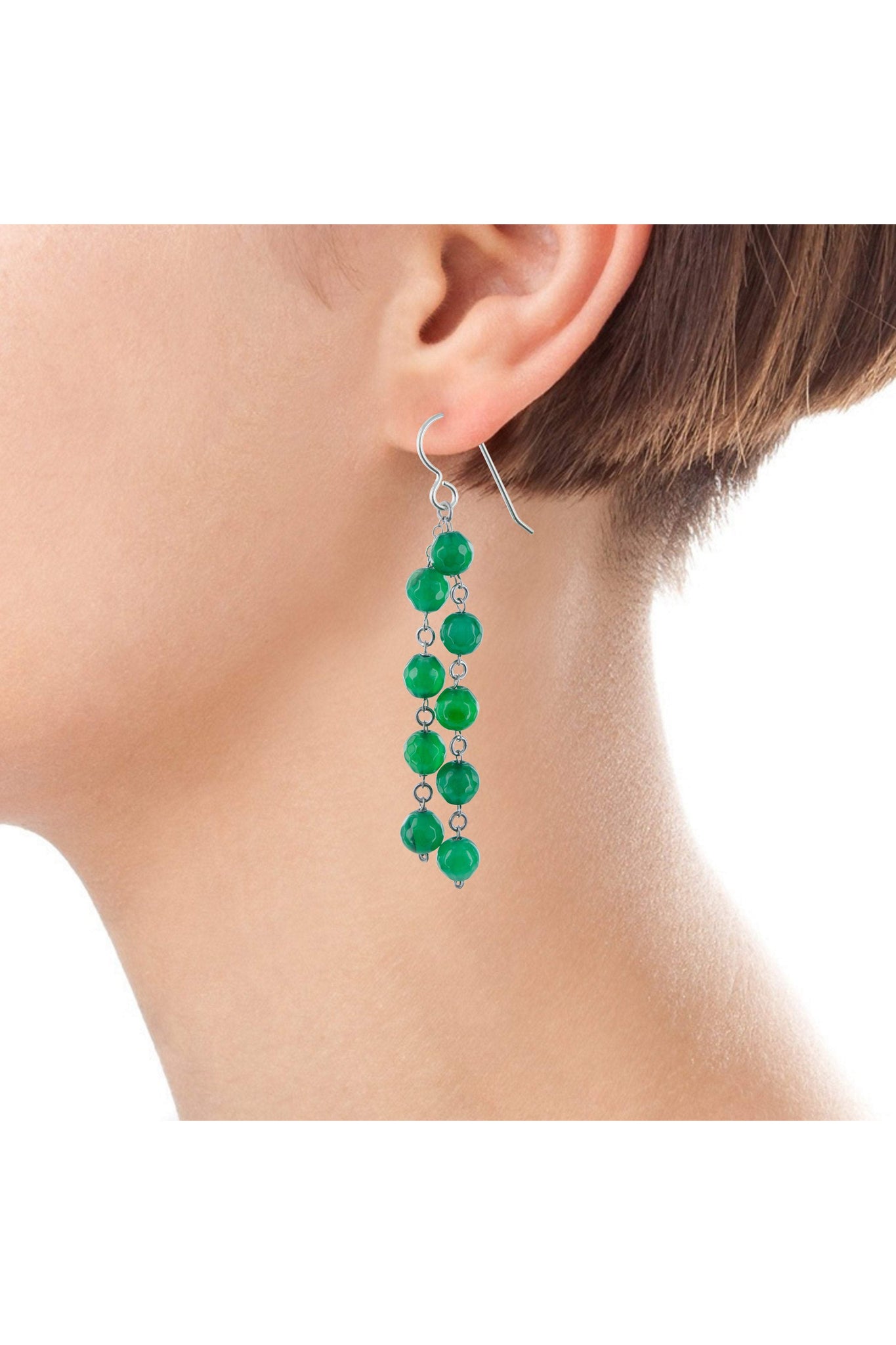 Green Agate Chandelier Bead Silver Earrings
