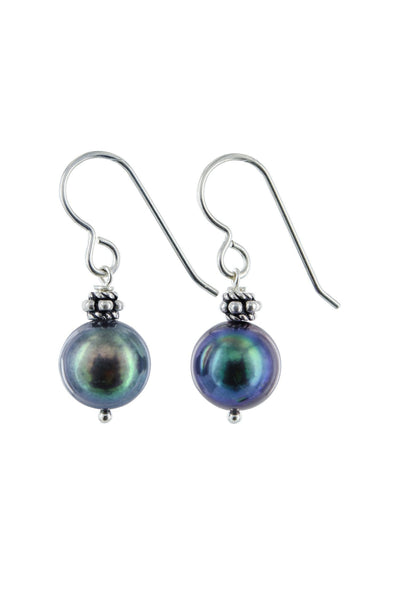 Genuine Oval Black Freshwater Pearl Drop Earrings, Solid 925 Sterling Silver Hook - View #3