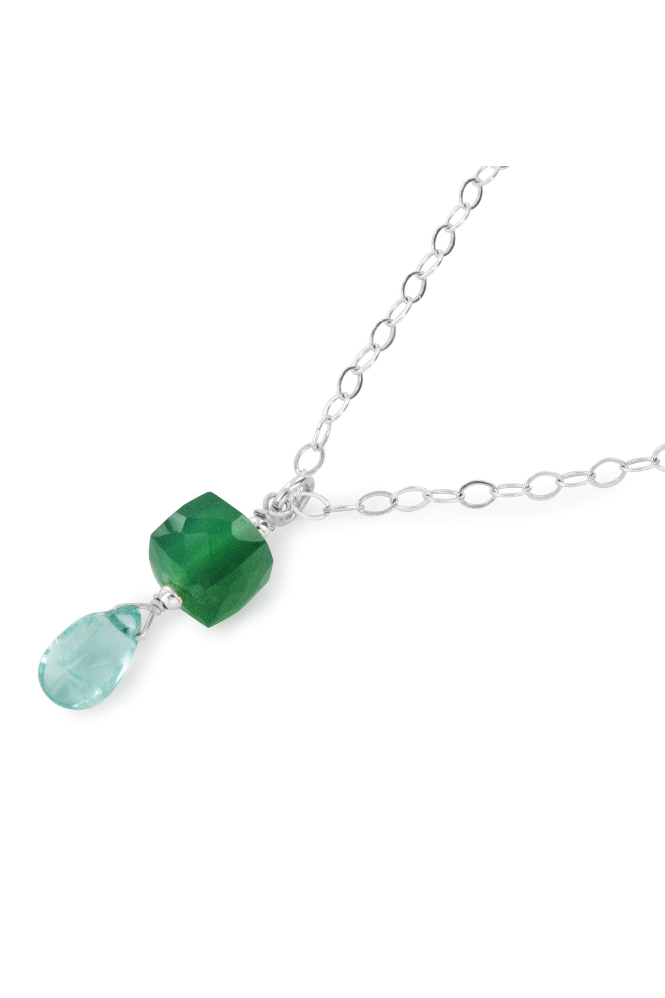 Green Chalcedony, Blue Apatite Gemstone Dainty Necklace