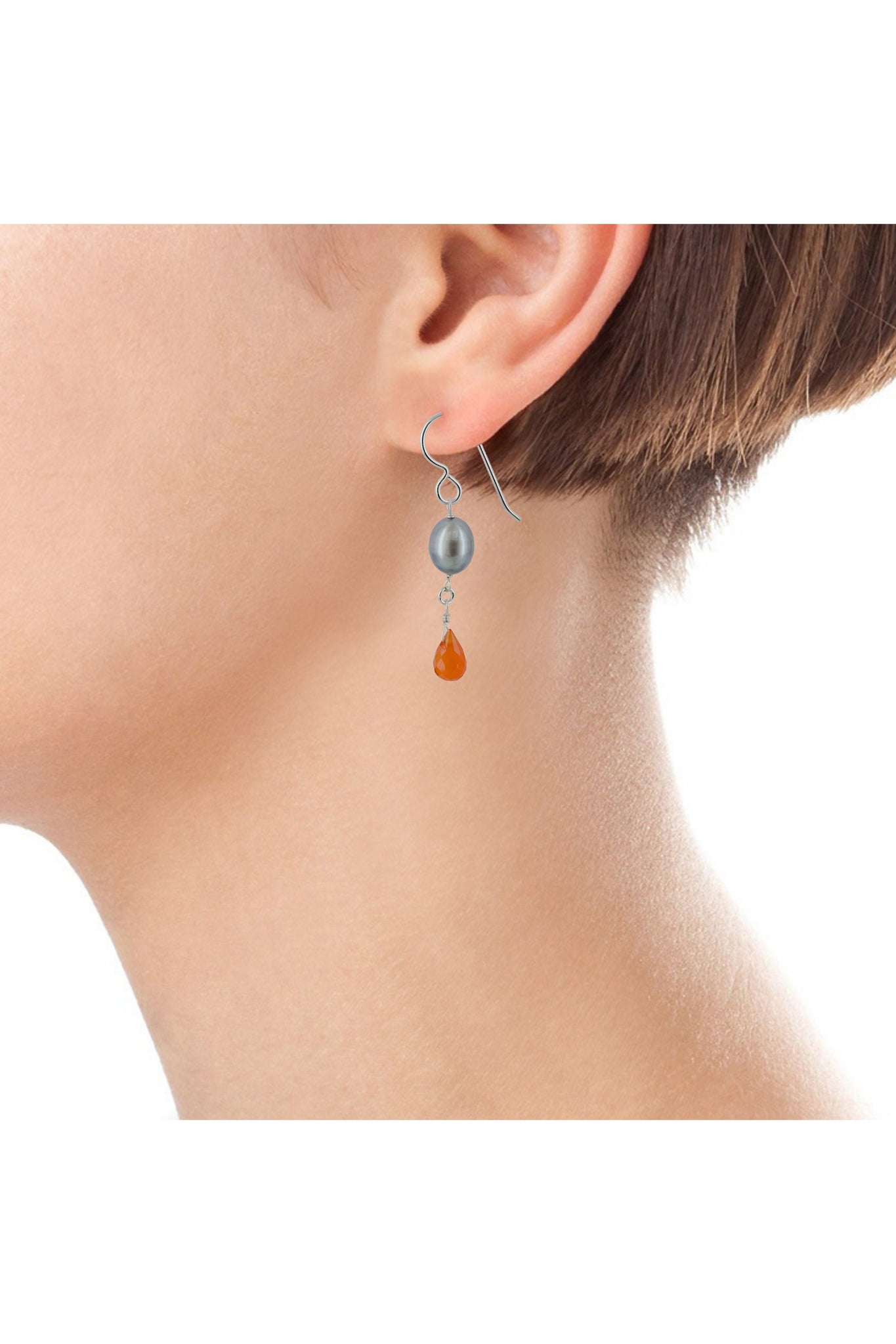 Orange Carnelian, Pearl Gemstone Dangle Earrings