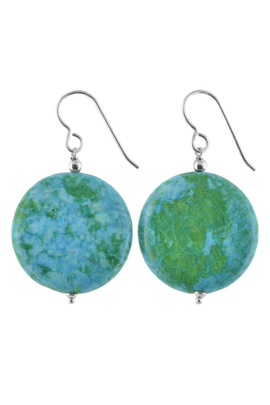 Blue Green Jasper Round Gemstone Silver Earrings