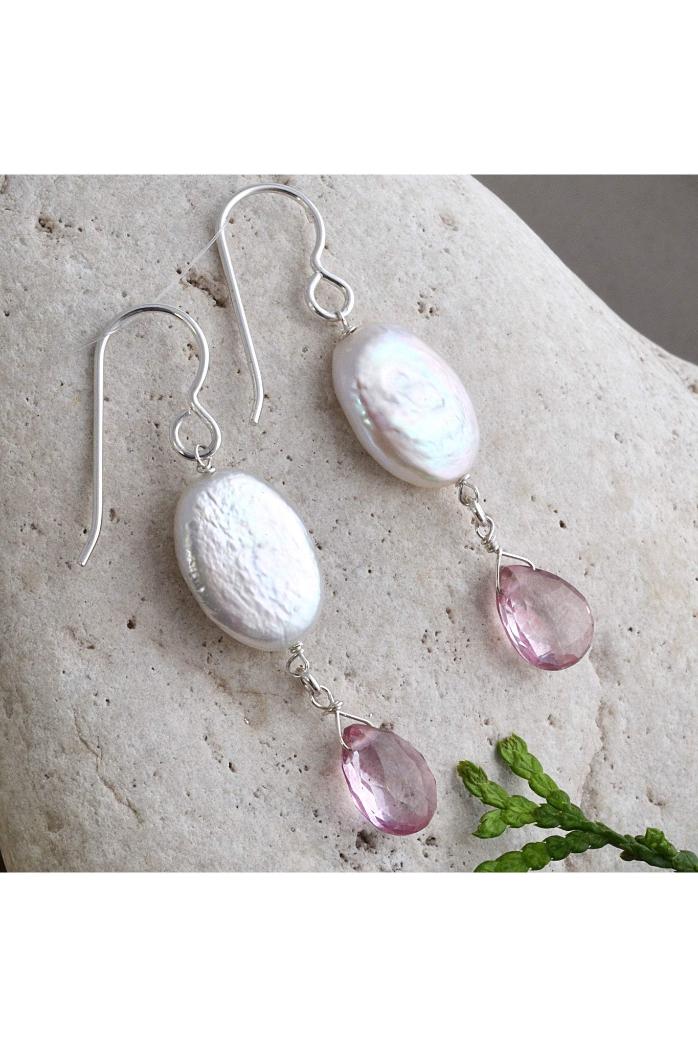 White Coin Pearl, Pink Quartz Long Dangle Earrings