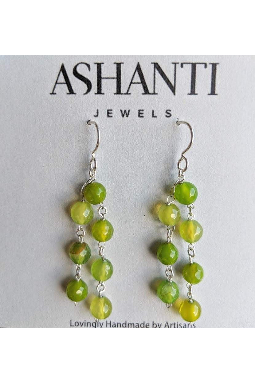 Light Green Agate Gemstone Bead Chandelier Long Silver Earrings