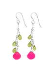 Hot Pink Chalcedony, Green Peridot Long Silver Earrings
