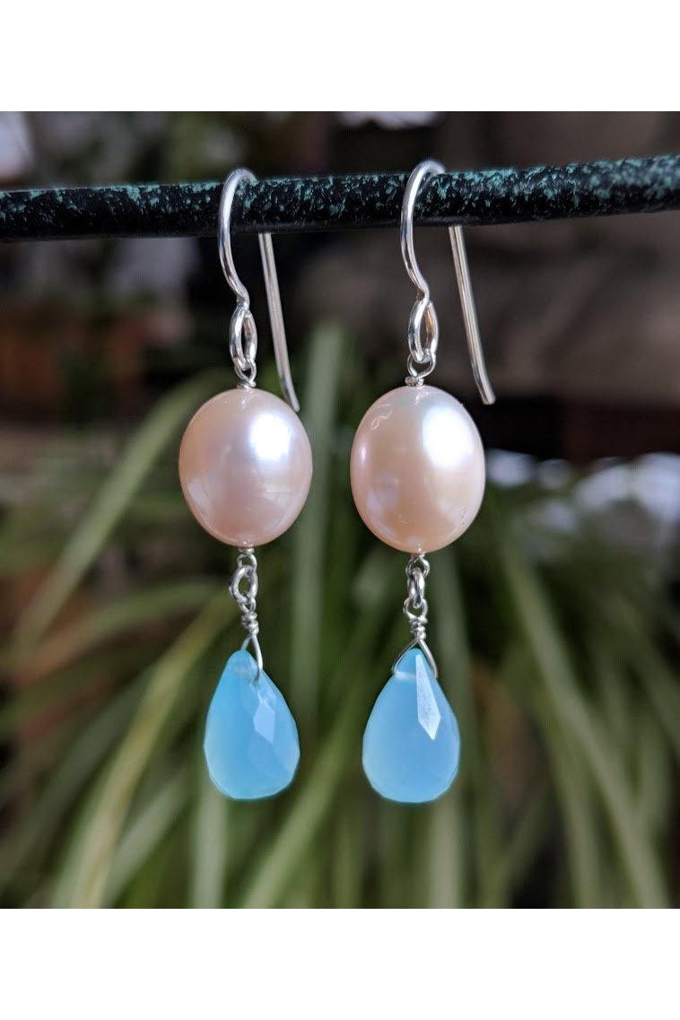 Blue Chalcedony, Pink Pearl Dangle Handmade Earrings