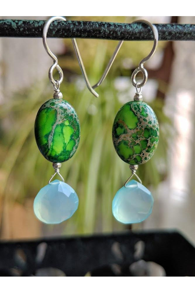 Blue Chalcedony, Green Jasper Gemstone Dangle Earrings