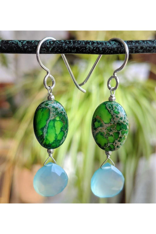 Blue Chalcedony, Green Jasper Gemstone Dangle Earrings