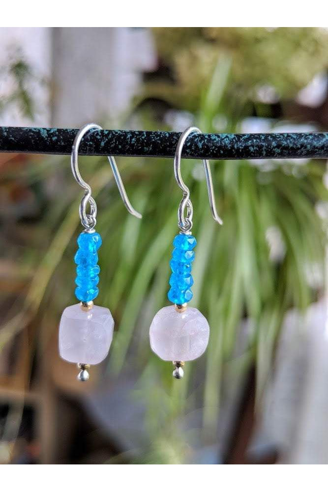 Rose Quartz, Apatite, Pink and Blue Silver Earrings