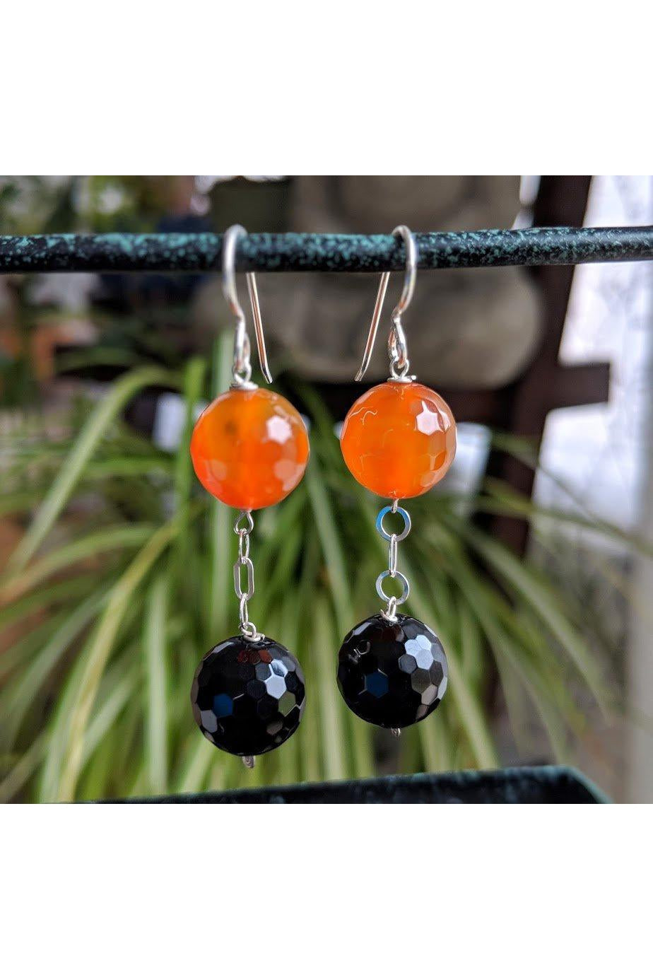 Orange Carnelian, Black Onyx Silver Earrings