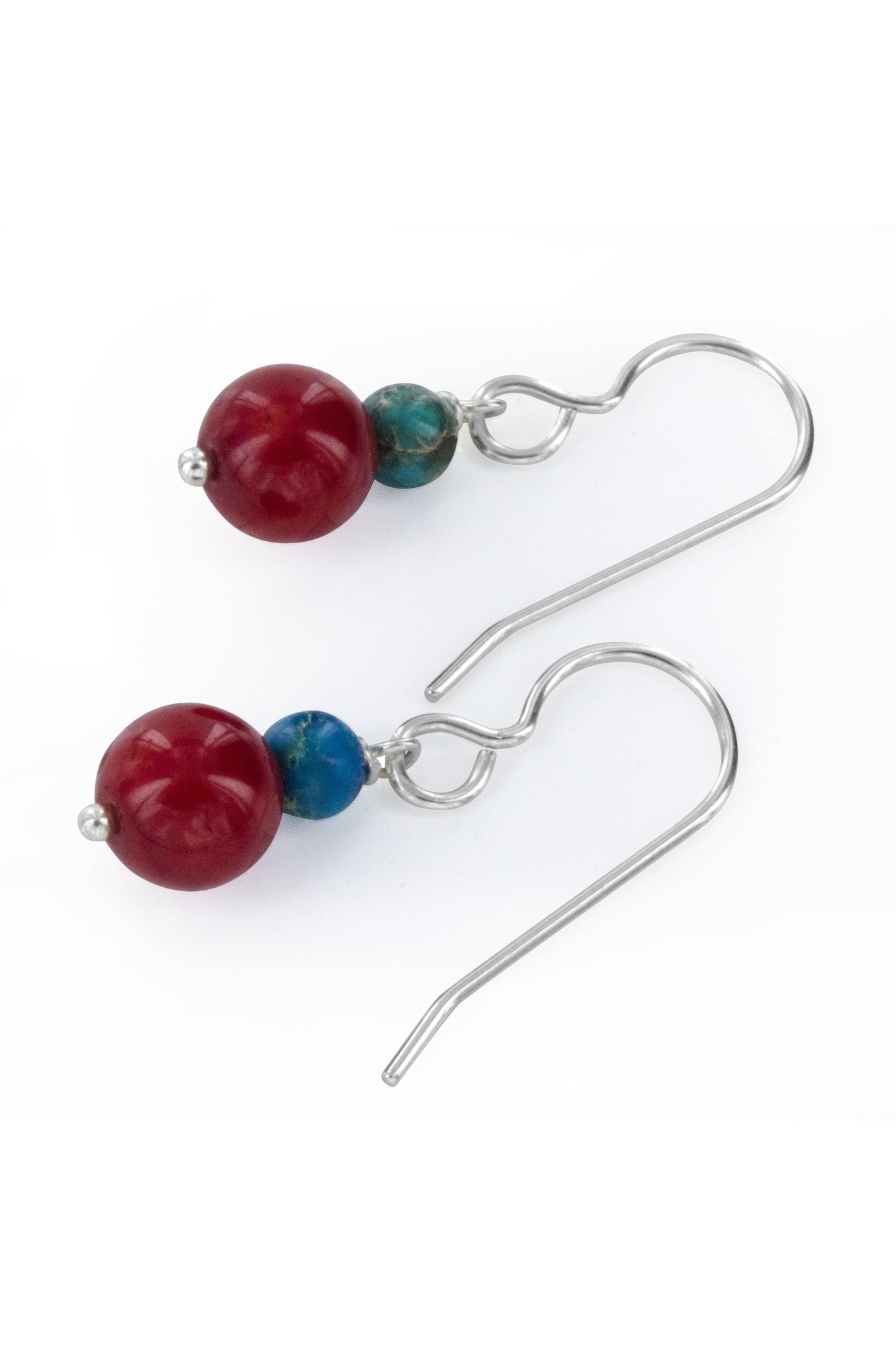 Red Coral, Blue Jasper Silver Earrings