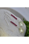Yelow Lemon Quartz, Red Garnet Long Gemstone Earrings