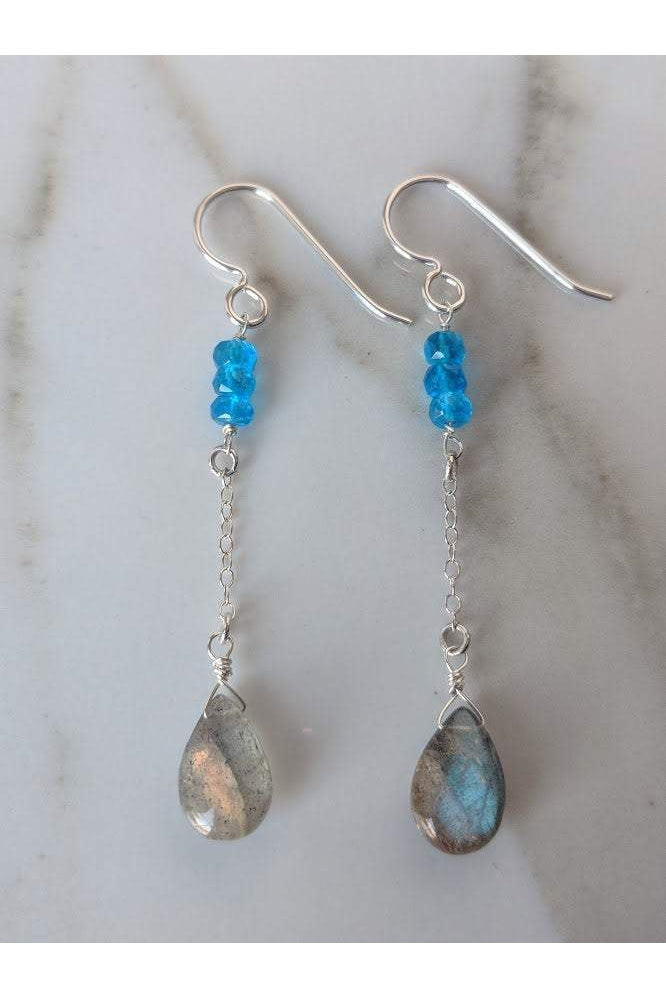 Blue Apatite, Labradorite Gemstone Long Earrings