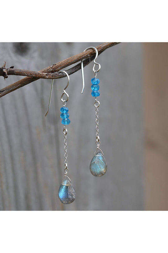 Blue Apatite, Labradorite Gemstone Long Earrings