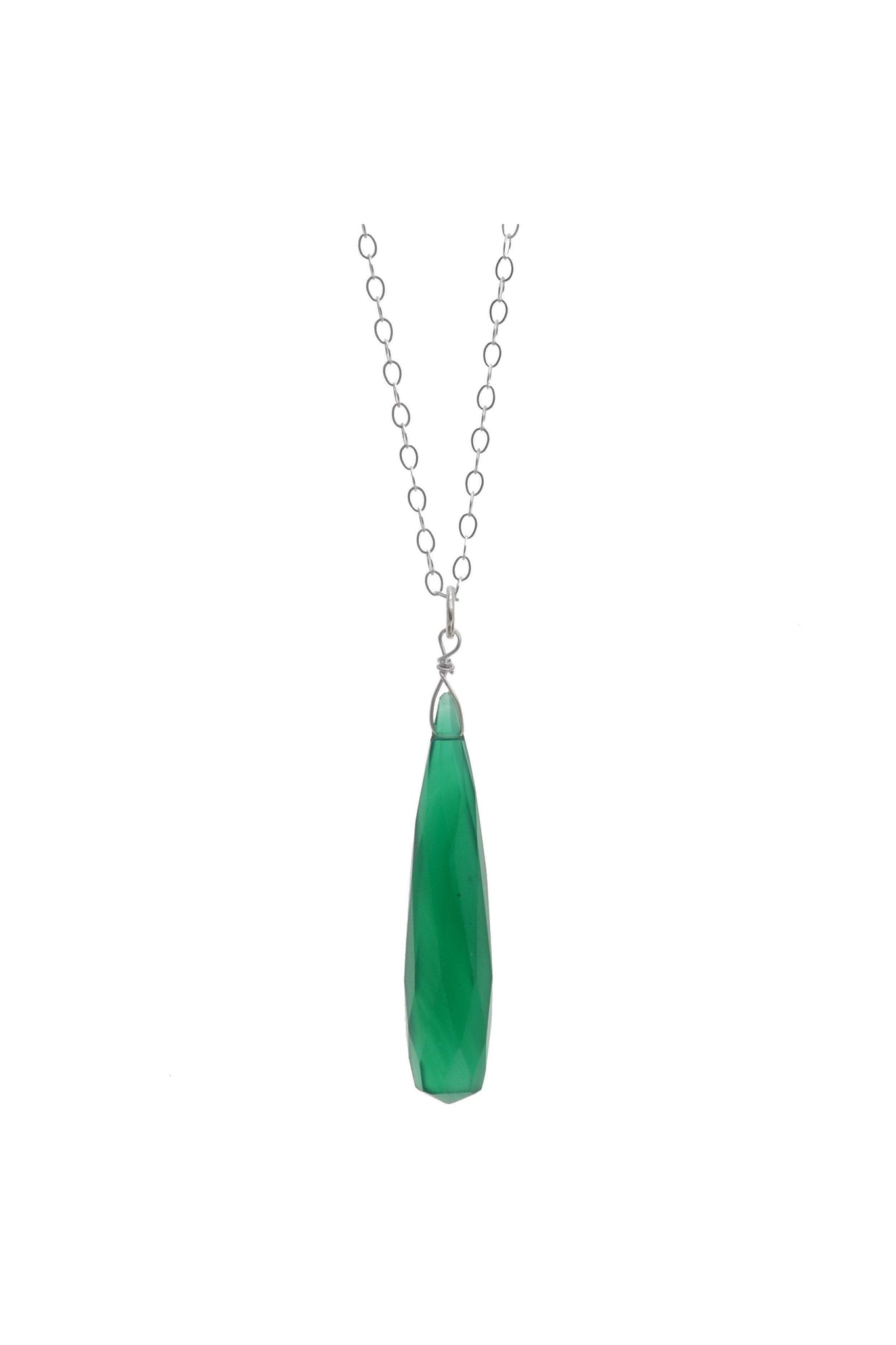 Teardrop Green Chalcedony Silver Gemstone Necklace