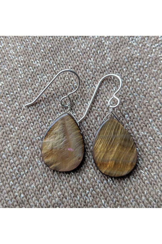 Brown Mother of Pearl Teardrop Silver Earrings