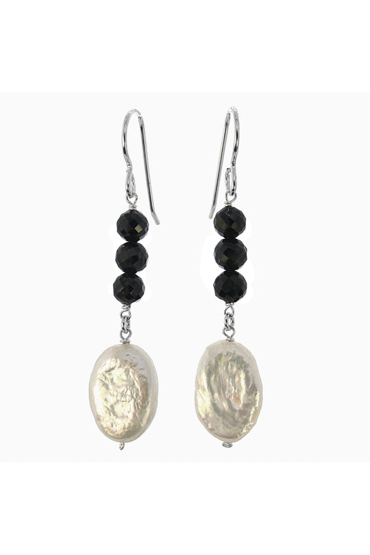 Black Onyx, White Pearl Dangle Earrings