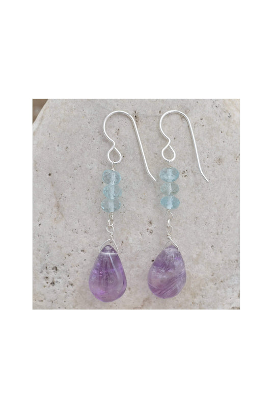Purple Amethyst, Blue Aquamarine, February March Birthstone Earrings