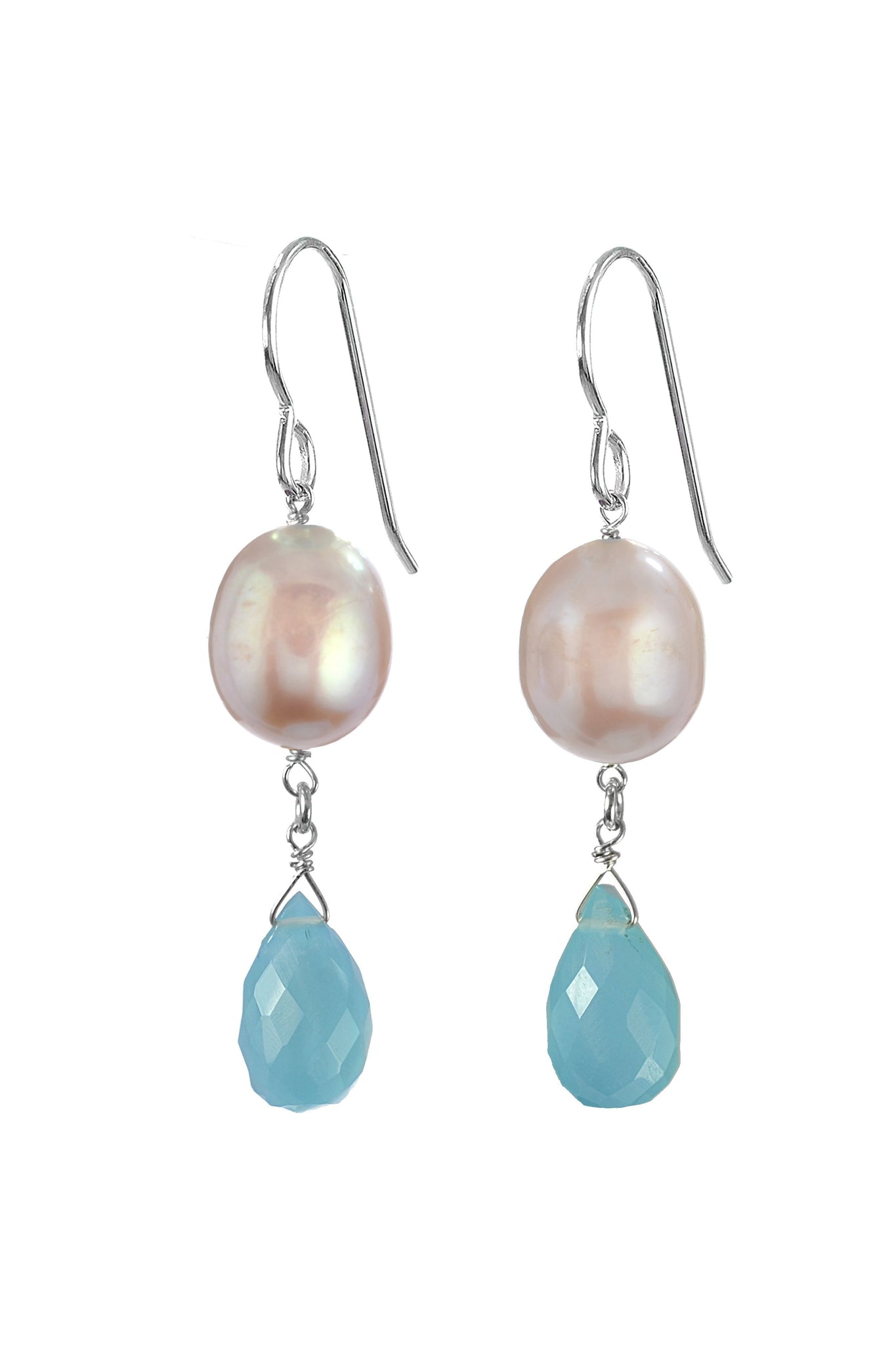 Blue Chalcedony, Pink Pearl Dangle Handmade Earrings