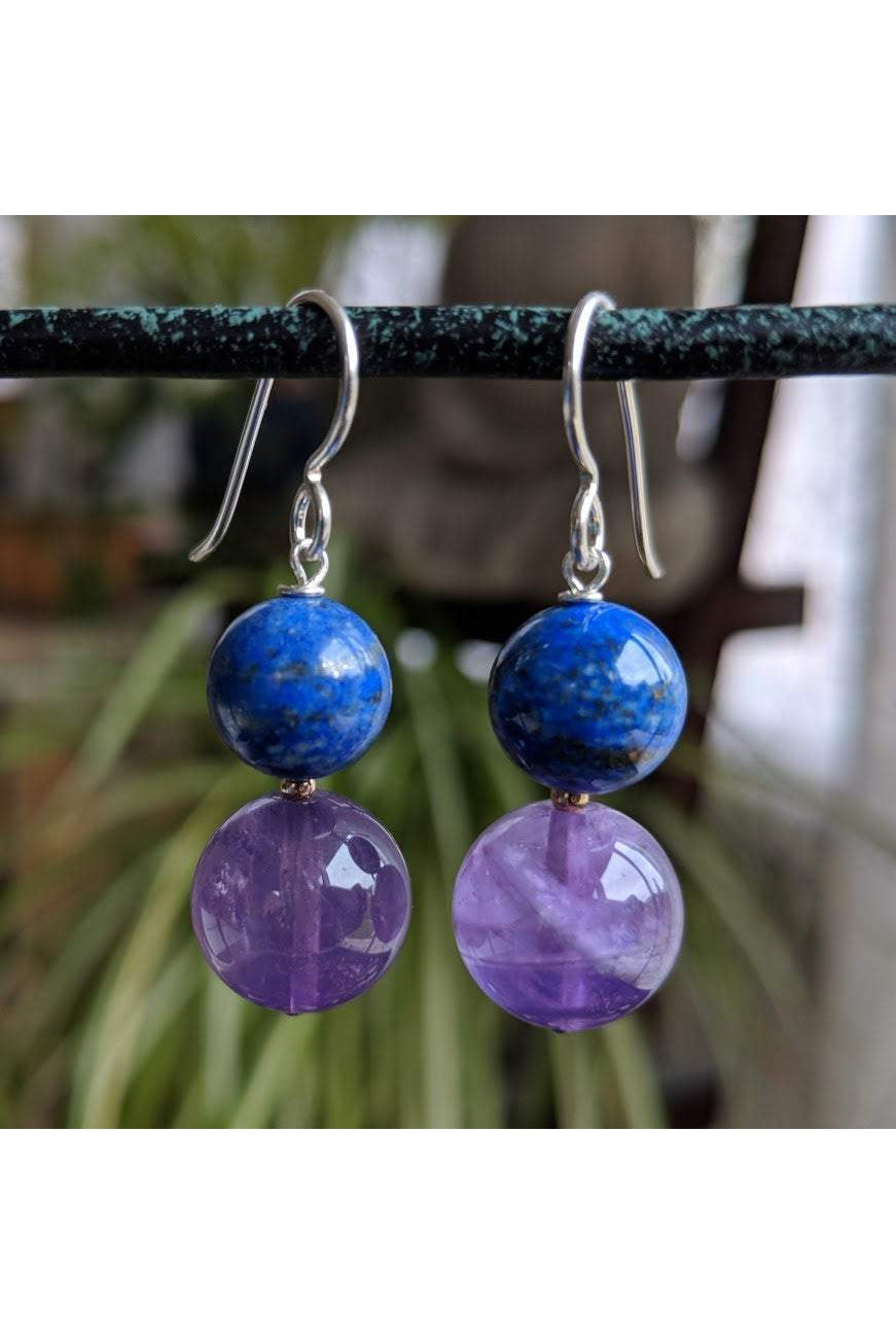 Purple Amethyst, Blue Lapis Lazuli Gemstone Dangle Earrings