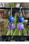 Purple Amethyst, Blue Lapis Lazuli Gemstone Dangle Earrings