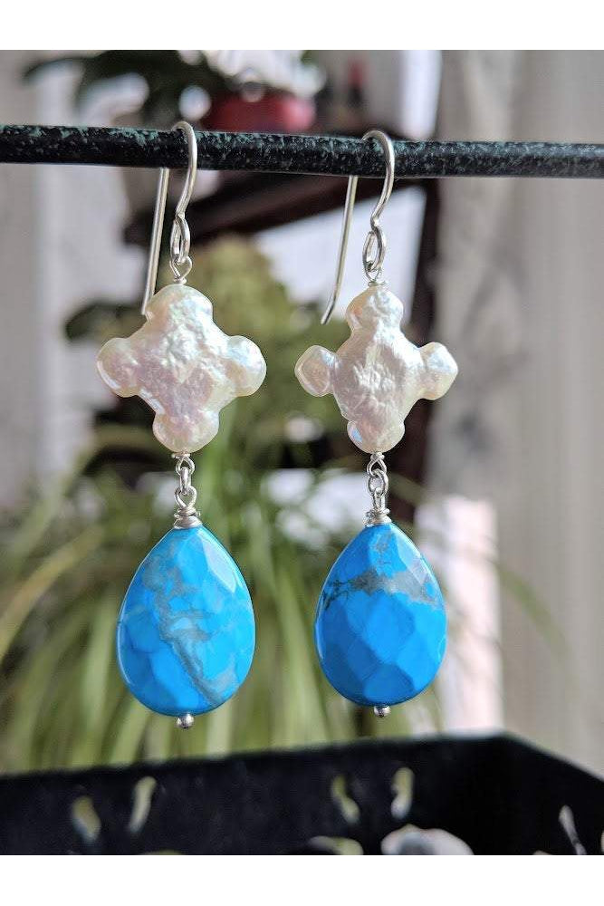 Turquoise Blue Howlite, Cross Pearl Silver Earrings