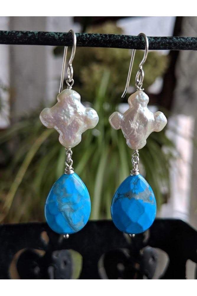 Turquoise Blue Howlite, Cross Pearl Silver Earrings