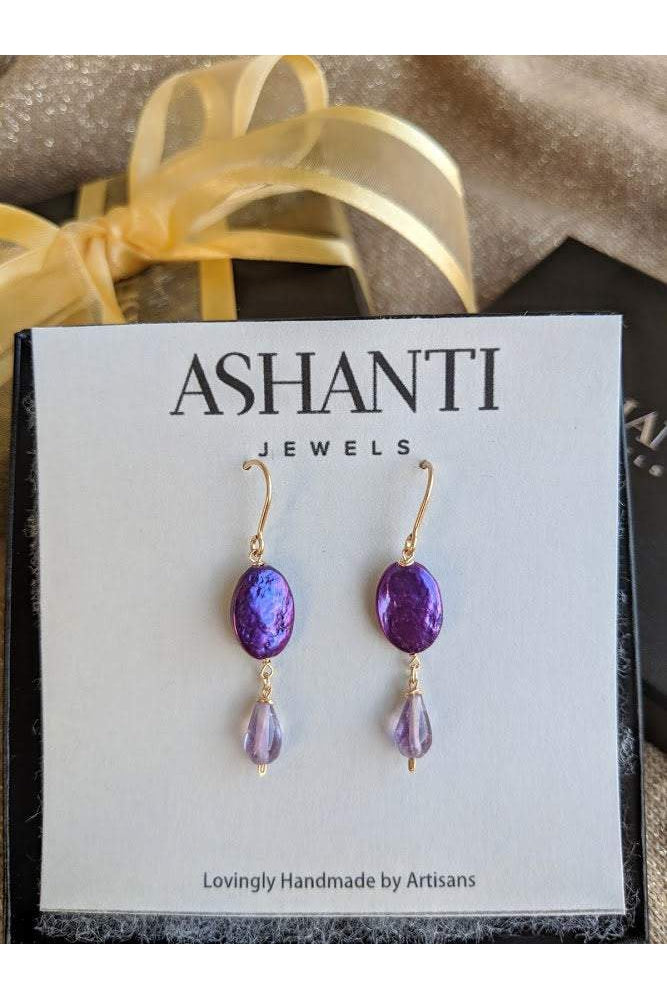 Amethyst Purple Pearl Dangle Gold Earrings