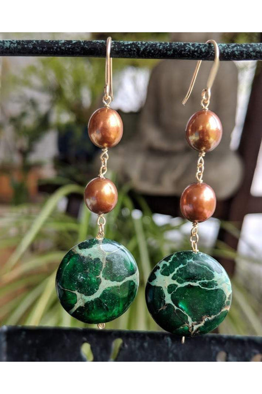 Dark Green Jasper Gemstone, Brown Pearls Long Gold Earrings