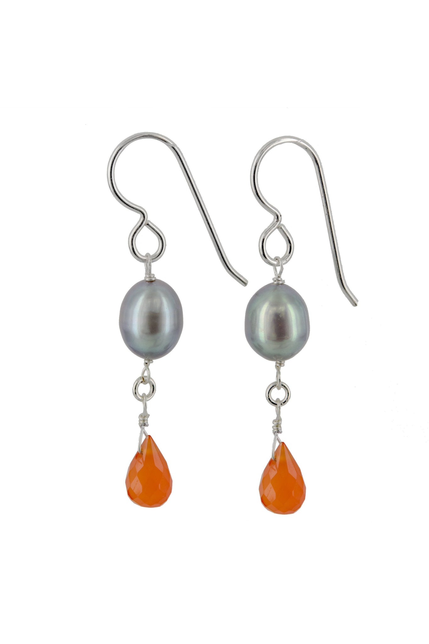 Orange Carnelian, Pearl Gemstone Dangle Earrings