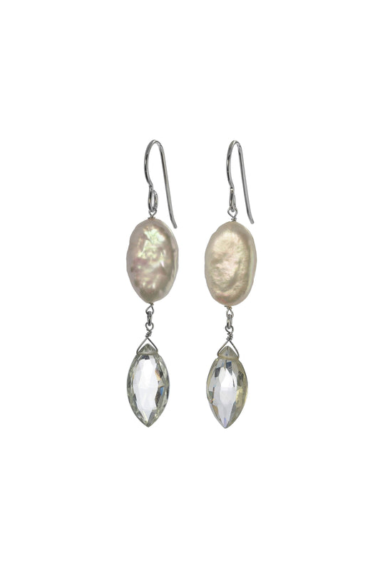 Light Green Amethyst, White Coin Pearl Earrings
