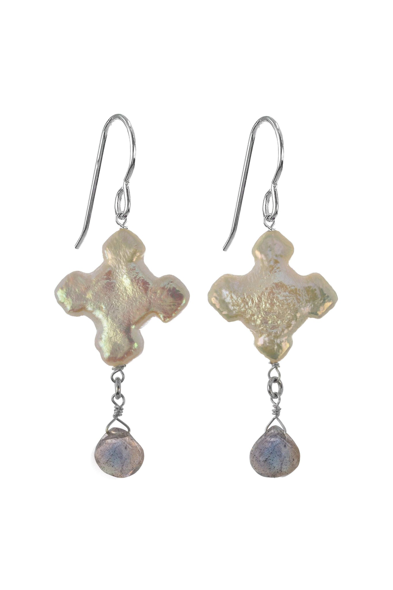 Cross Pearl, Labradorite Silver Dangle Earrings