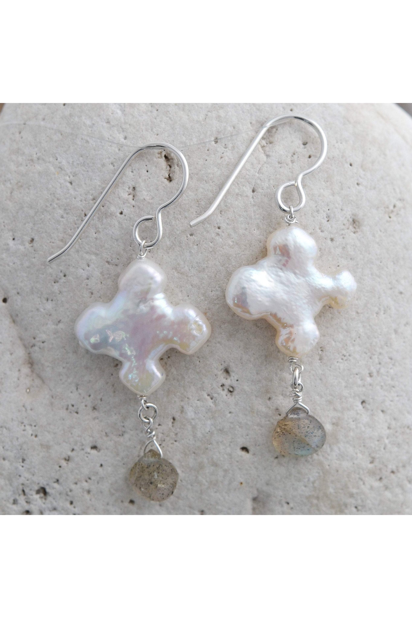 Cross Pearl, Labradorite Silver Dangle Earrings