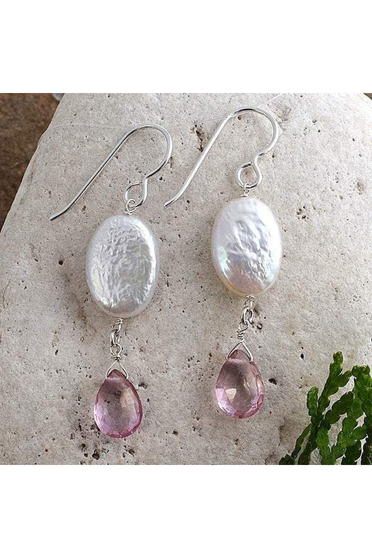 White Coin Pearl, Pink Quartz Long Dangle Earrings