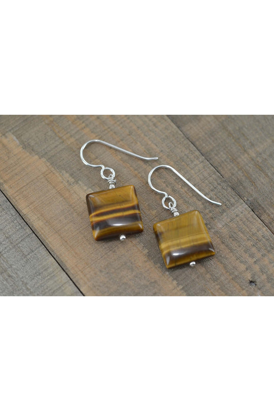 Square Tigers Eye Brown Silver Earrings