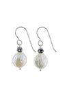 Round White Coin Pearl Dangle Silver Earrings