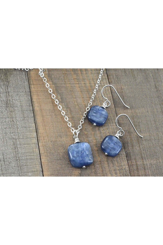 Kyanite Square Blue Gemstone Earrings & Necklace Set