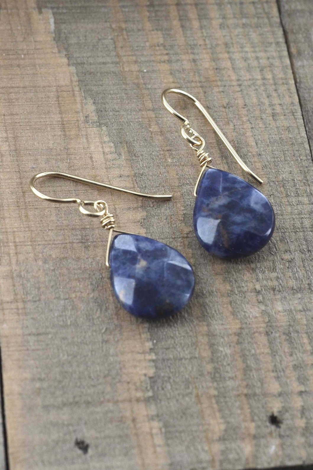 Dark Blue Sodalite Gold Dangle Earrings